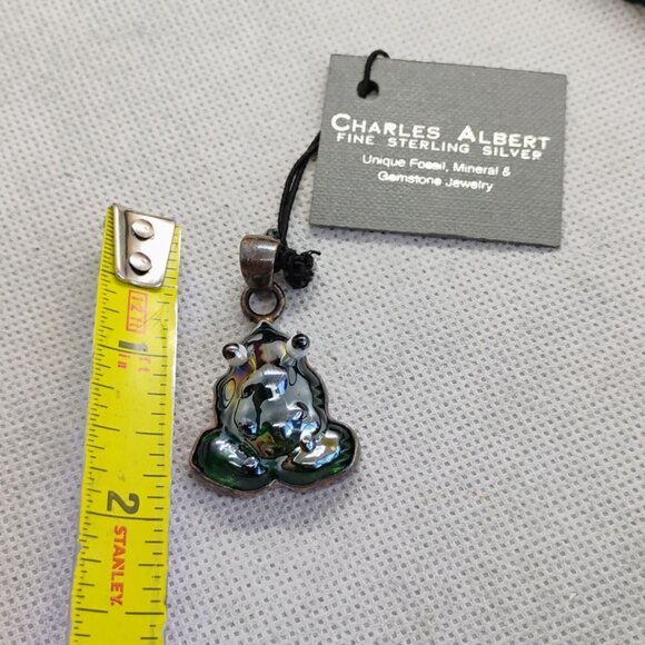 Charles Albert Green Dichroic Art Glass Frog Pendant in Sterling Silver 1 3/4" - Picture 5 of 8